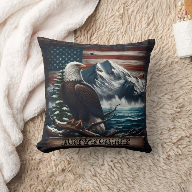 Eagle Standing Proudly Against Mountain and Flag Cushion (Blanket)