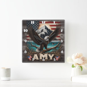 Eagle Wings Spread by American Flag Square Wall Clock