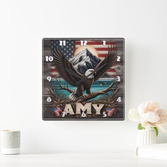 Eagle Wings Spread by American Flag Square Wall Clock (Home)