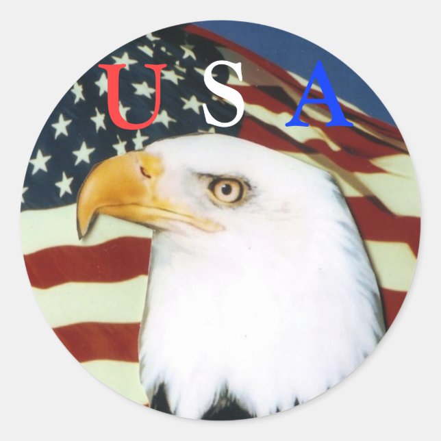 Eagle with flag, U, S, A scker Classic Round Sticker (Front)
