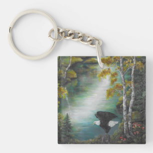 Eagles at the autumn mountain lake oil painting  key ring