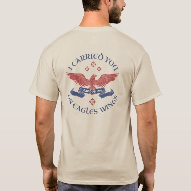 Eagle's Wings Scripture Exodus 19:4 Red/Blue T-Shirt (Back)