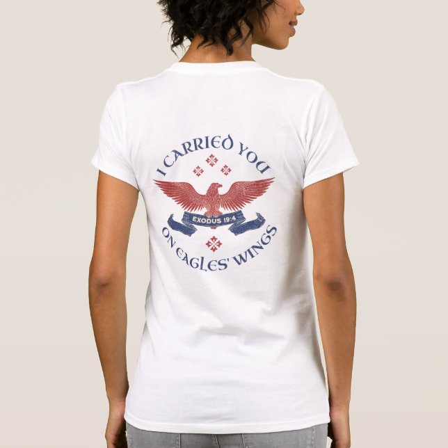 Eagle's Wings Scripture Exodus 19:4 Red/Blue T-Shirt (Back)