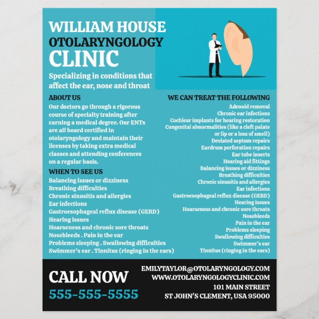 Ear Doctor, Otolaryngologist Otolaryngology Clinic Flyer (Front)