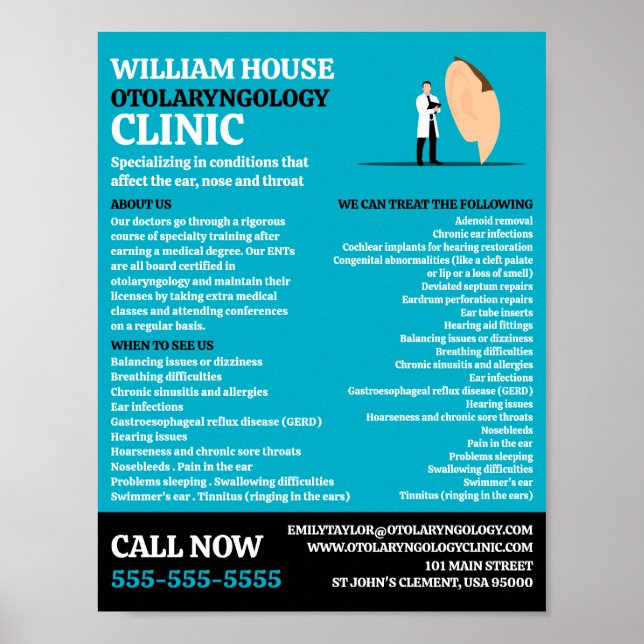Ear Doctor, Otolaryngologist Otolaryngology Clinic Poster (Front)