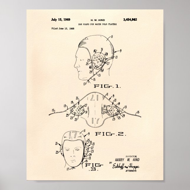 Ear Guard Water Polo 1969 Patent Art Old Peper Poster (Front)