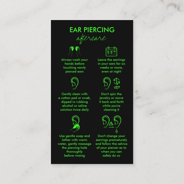 Ear Piercing Care Instructions Neon Green Business Card (Back)