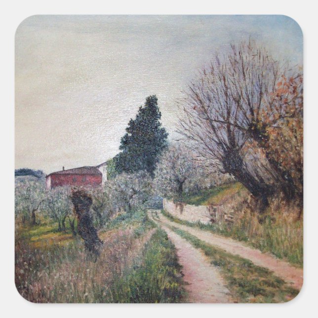 EARLIEST SPRING IN VERNALESE / Tuscany Landscape Square Sticker (Front)