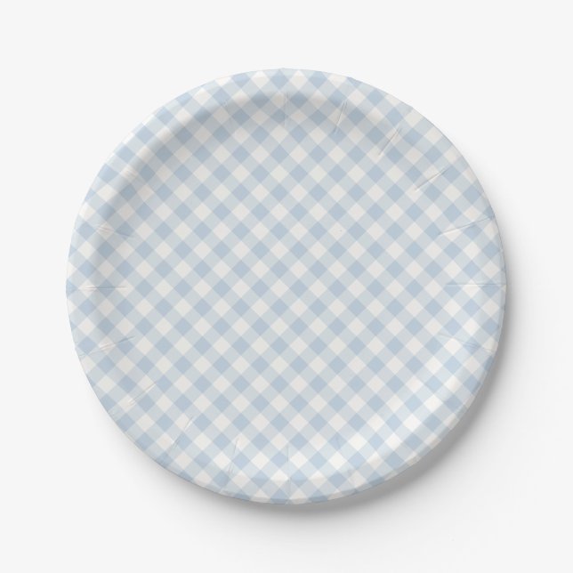 Early Autumn Retro Gingham | Dusty Blue Paper Plate (Front)