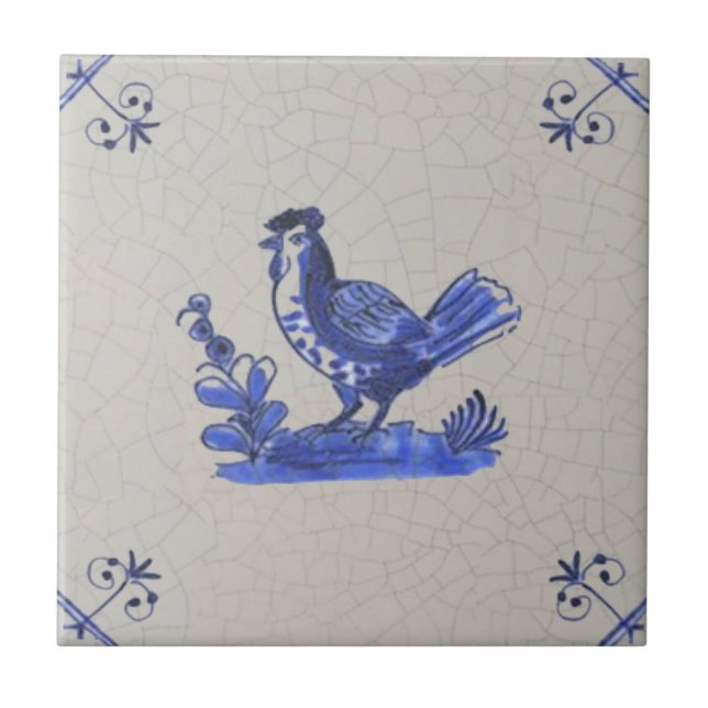 Early Blue Delft Handpainted Hen Antique Repro  Tile (Front)