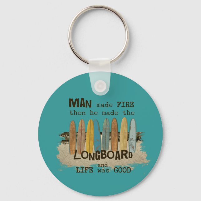 Early Man Surfing Humour with Longboards Key Ring (Front)
