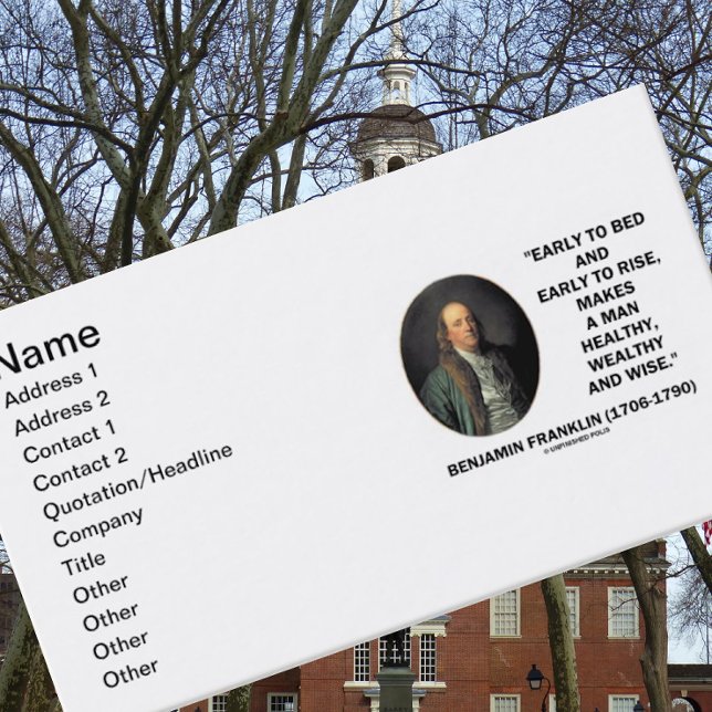 Early To Bed Early To Rise Benjamin Franklin Quote Business Card (Business card featuring Benjamin Franklin's timeless quote for any early bird person)