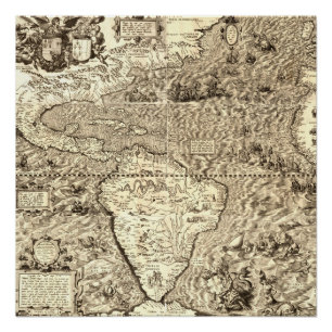Early World Map of the Americas and Atlantic Ocean Poster