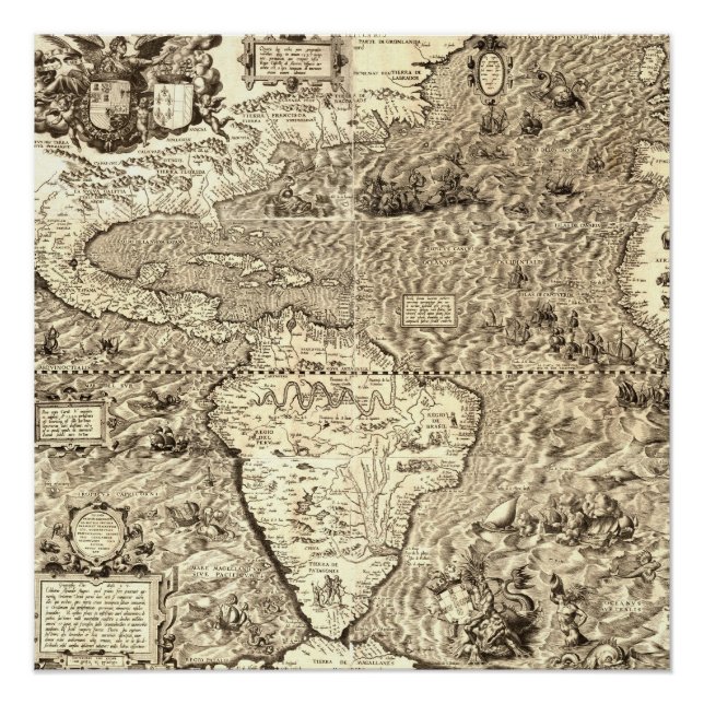 Early World Map of the Americas and Atlantic Ocean Poster (Front)