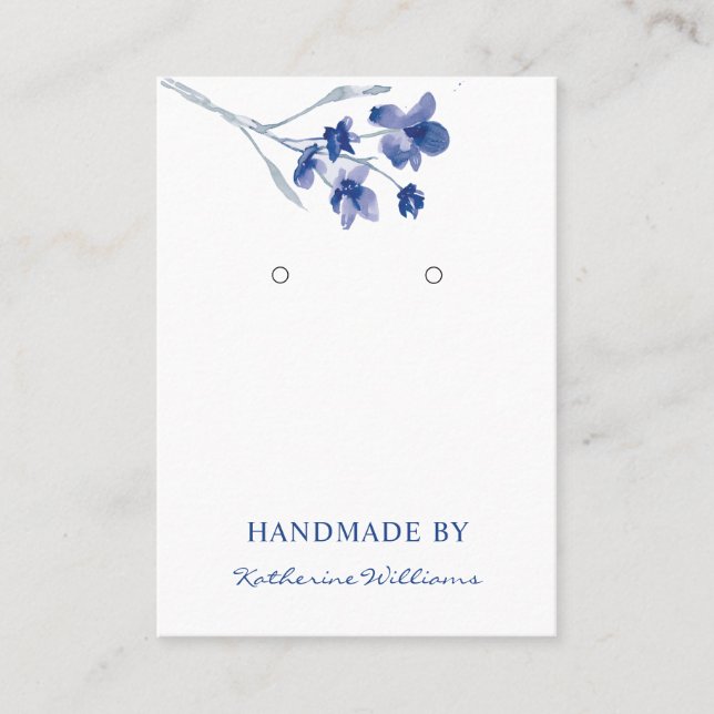 Earring Display Card Blue Modern Watercolor Floral (Front)