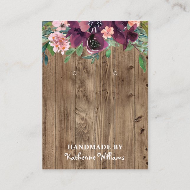 Earring Display| Rustic Wood & Burgundy Watercolor Business Card (Front)