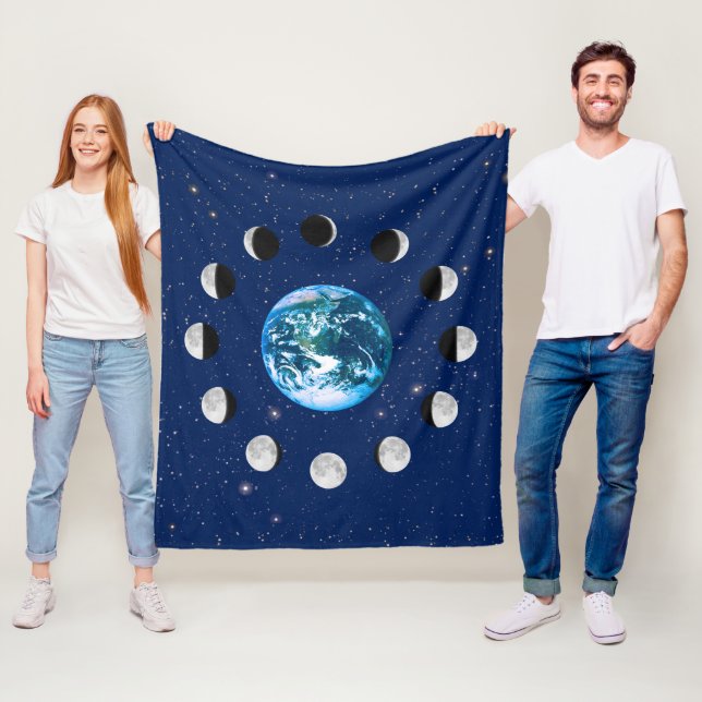 Earth and Moon Phases, on a Background of Stars Fleece Blanket (In Situ)