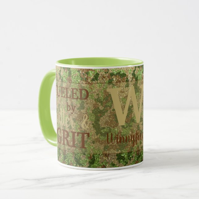 Earth Brown Green Camouflage Glitter Camo Name Mug (Front Left)