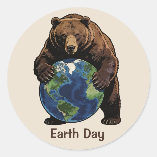 Earth Day Bear Hugging Planet Design Classic Round Sticker (Front)