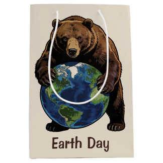 Earth Day Bear Hugging Planet Design Medium Gift Bag