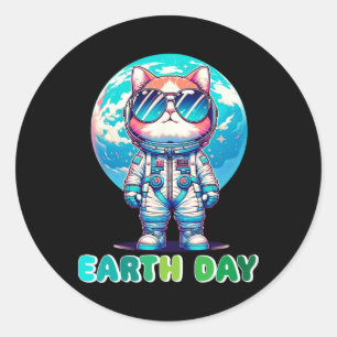 Earth Day Cat Astronaut Save The World  Classic Round Sticker