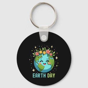 Earth Day Environment Cute Earth With Floral Key Ring