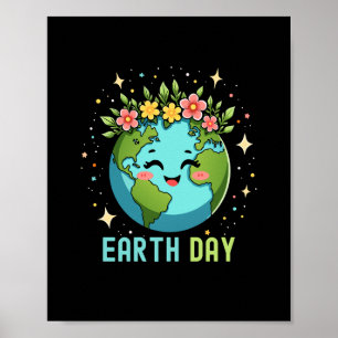 Earth Day Environment Cute Earth With Floral Poster