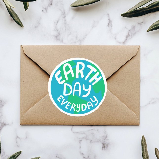 EARTH DAY EVERY DAY Handlettered Planet  Classic Round Sticker (EARTH DAY EVERY DAY Handlettered Planet Classic Round Sticker
)