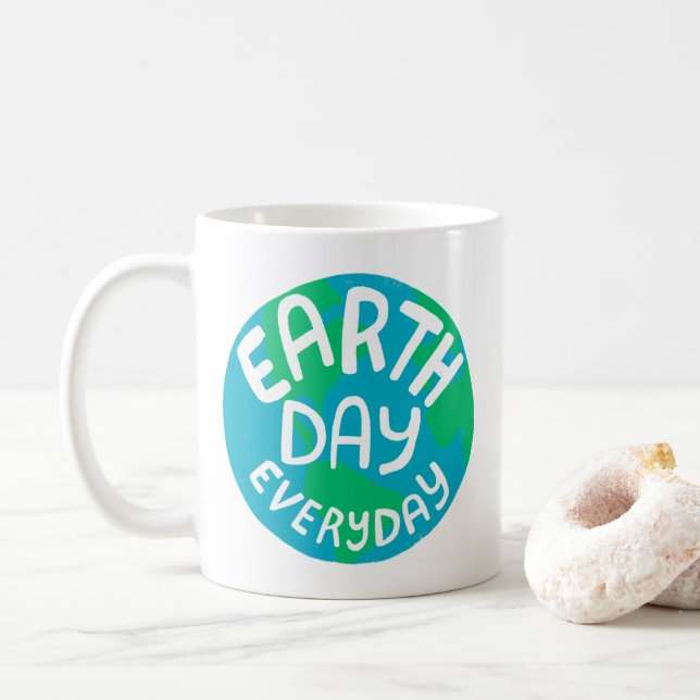 EARTH DAY EVERY DAY Handlettered Planet Coffee Mug (With Donut)