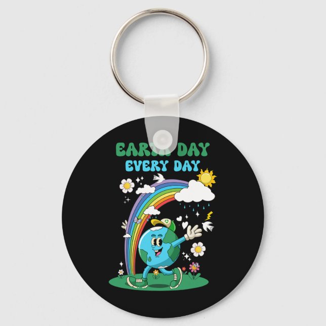 Earth Day Every Day Rainbow Globe Flowers Save The Key Ring (Front)