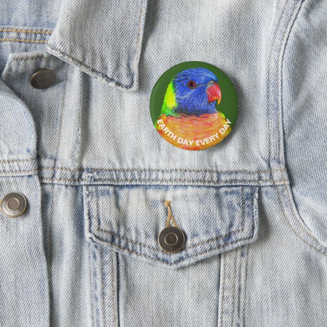 Earth Day Every Day Rainbow Lorikeet Parrot 6 Cm Round Badge (In Situ)