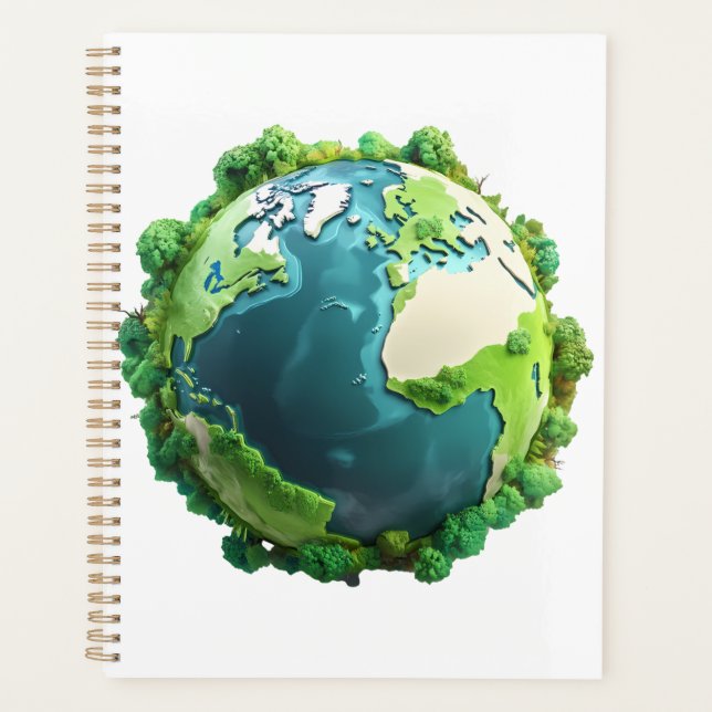 Earth Day - Green and Blue Earth with Trees Planner (Front)