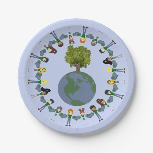 Earth Day Kids with Tree Whimsical Cartoon Art Paper Plate (Front)