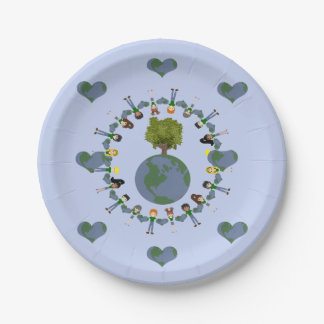 Earth Day Kids with Tree Whimsical Cartoon Art Paper Plate