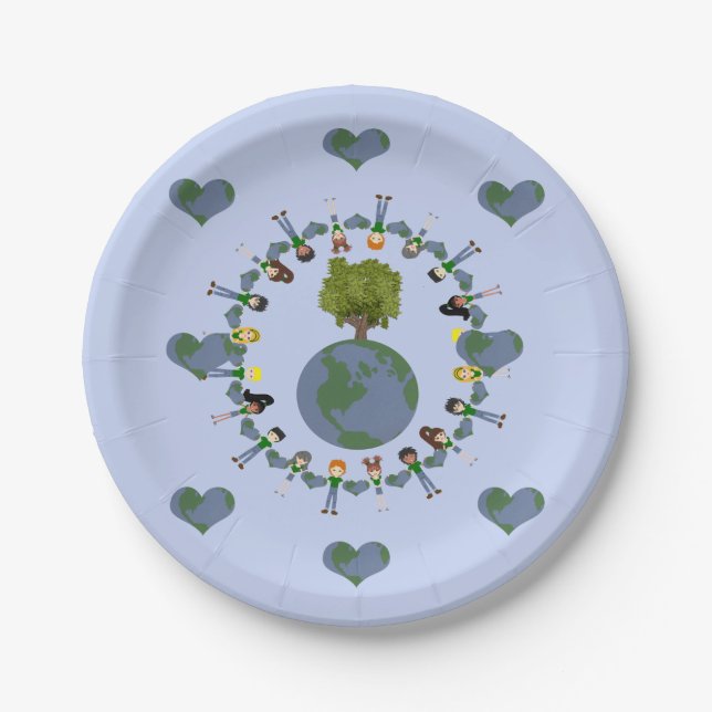 Earth Day Kids with Tree Whimsical Cartoon Art Paper Plate (Front)
