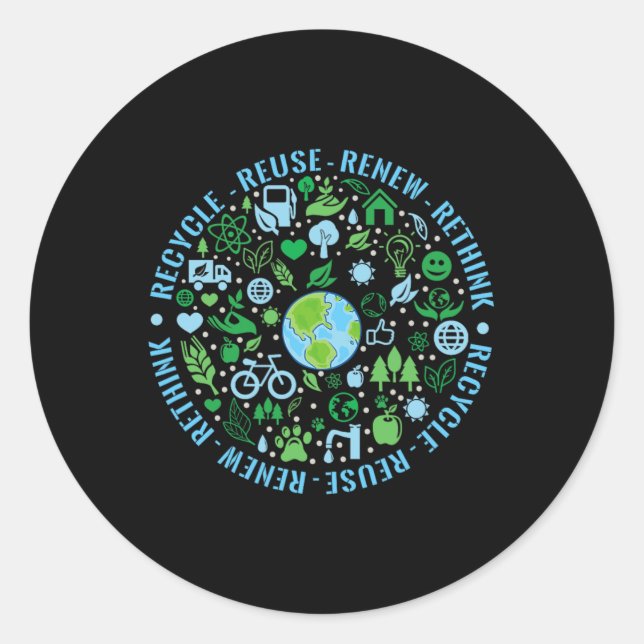 Earth Day Recycle Reuse Renew Rethink Environmenta Classic Round Sticker (Front)