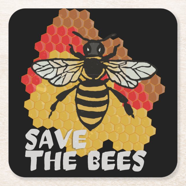 Earth Day, Save The Bees Square Paper Coaster (Front)