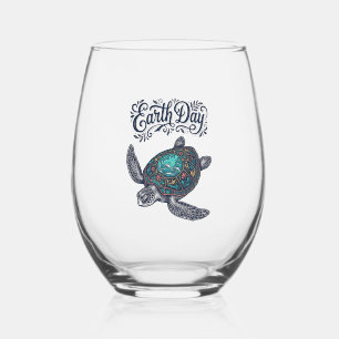 Earth Day Sea Turtle Vintage Engraving Shirt Desig Stemless Wine Glass