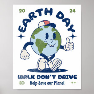 Earth Day Walk Don't Drive Cartoon Illustration Poster