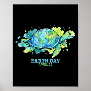 Earth day watercolor sea turtle globe shell save poster