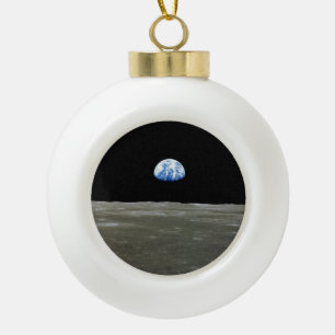 Earth from Moon in Black Space: Earthrise Ceramic Ball Christmas Ornament
