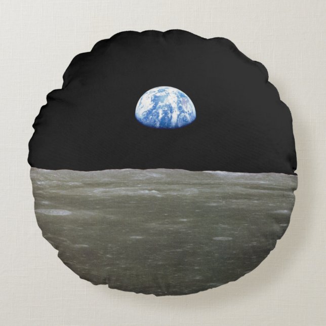 Earth from Moon in Black Space: Earthrise Round Cushion (Front)