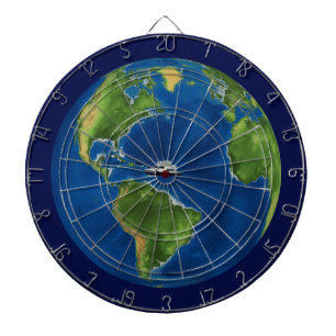 Earth Globe and Ship on Blue Dartboard