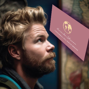 Earth Globe Word Map Travel Agency QR Rose Gold Business Card