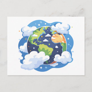  Earth Illustration with Clouds in Space Holiday Postcard