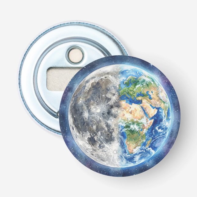 Earth & Moon Watercolor Galaxy Celestial Design Bottle Opener (Front)