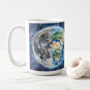 Earth & Moon Watercolor Galaxy Celestial Design Coffee Mug