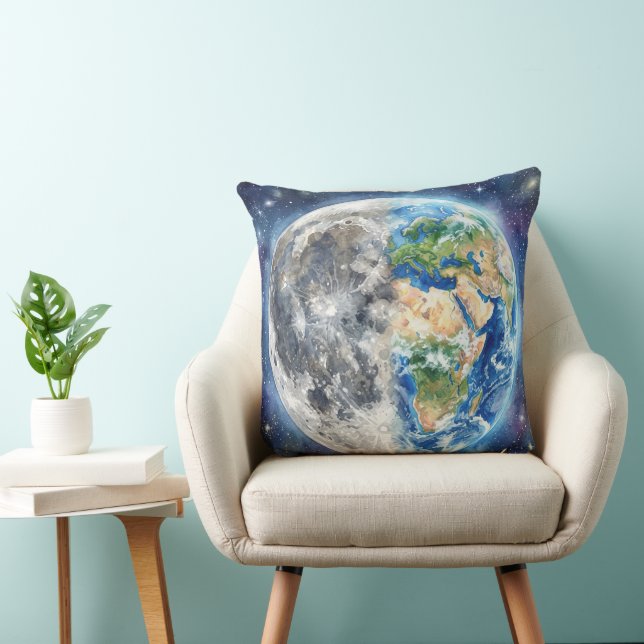 Earth & Moon Watercolor Galaxy Celestial Design Cushion (Chair)