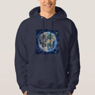 Earth & Moon Watercolor Galaxy Celestial Design Hoodie