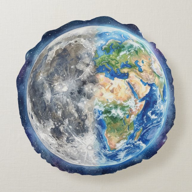 Earth & Moon Watercolor Galaxy Celestial Design Round Cushion (Back)